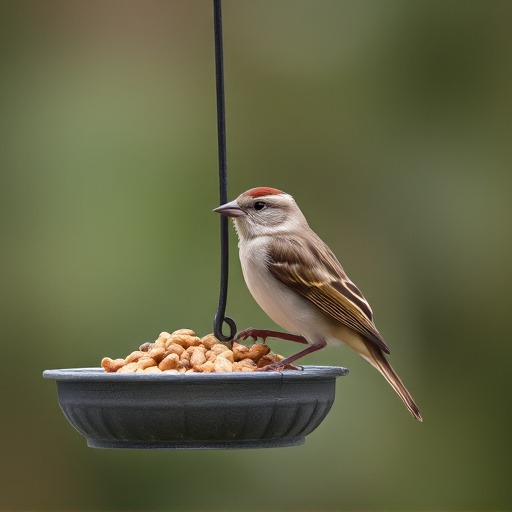 Sparrow clinging to hanging fat ball feeder