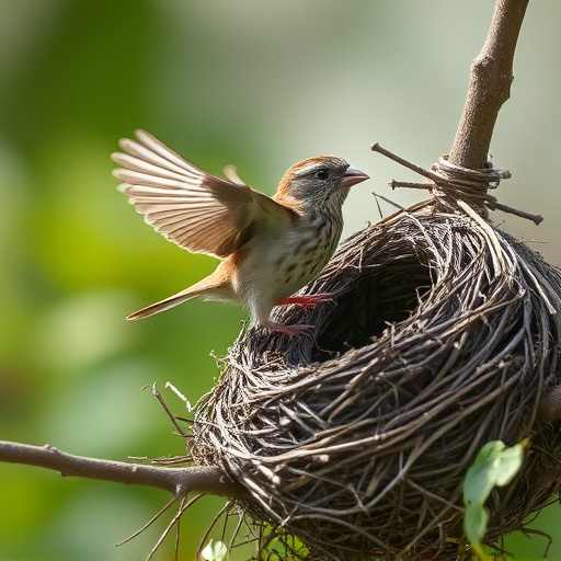 Sparrow leaving an abandoned nest