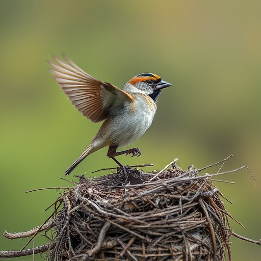 Sparrow leaving an abandoned nest