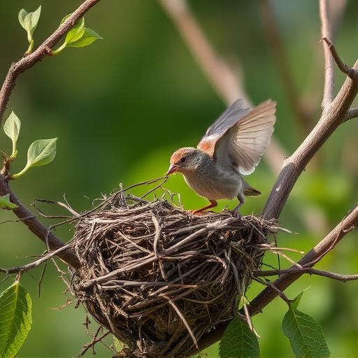 Sparrow leaving an abandoned nest