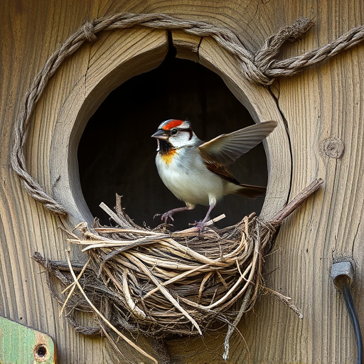 Sparrow leaving an abandoned nest
