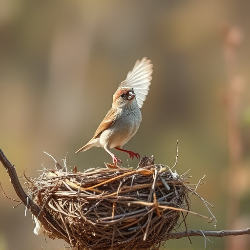 Sparrow leaving an abandoned nest