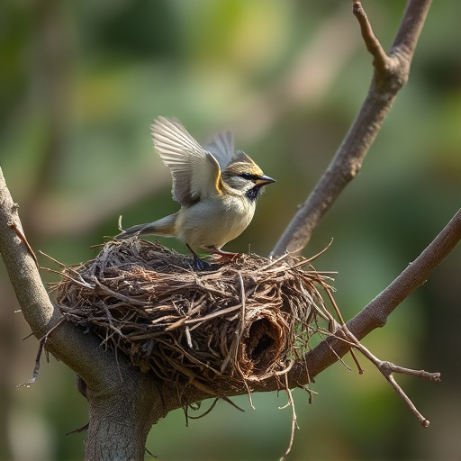 Sparrow leaving an abandoned nest