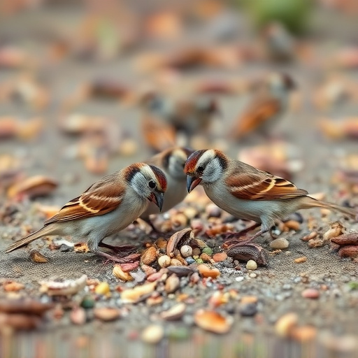Sparrows eating seeds on ground