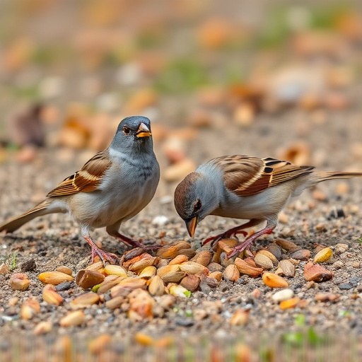 Sparrows eating seeds on ground