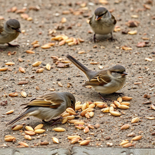 Sparrows eating seeds on ground