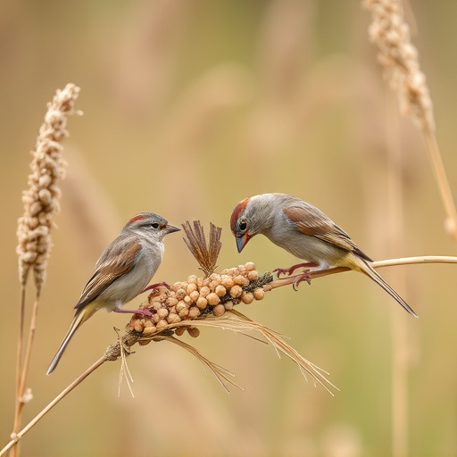 Sparrows feeding on millet seeds