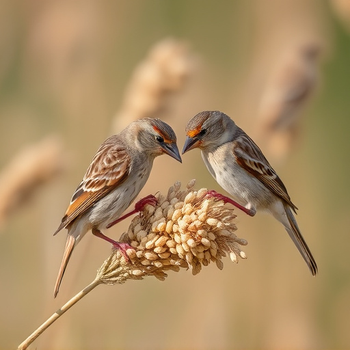 Sparrows feeding on millet seeds