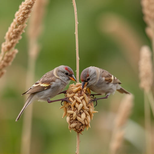 Sparrows feeding on millet seeds