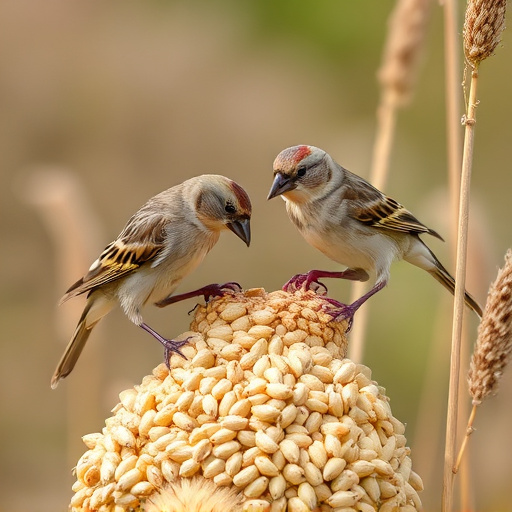 Sparrows feeding on millet seeds