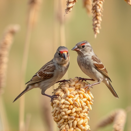 Sparrows feeding on millet seeds