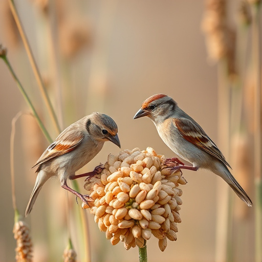 Sparrows feeding on millet seeds