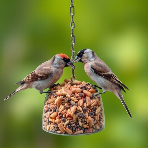 Sparrows feeding on seed mix