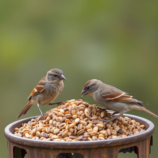 Sparrows feeding on seed mix
