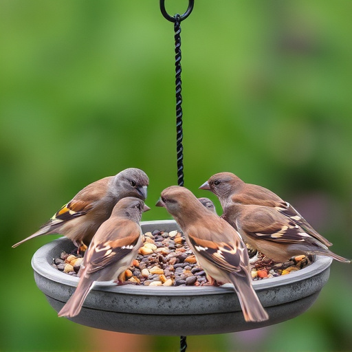 Sparrows gathering around seed tray