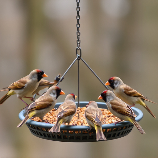 Sparrows gathering around seed tray