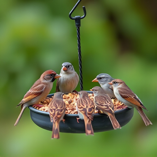 Sparrows gathering around seed tray