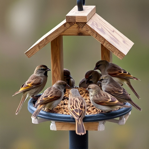 Sparrows gathering around seed tray