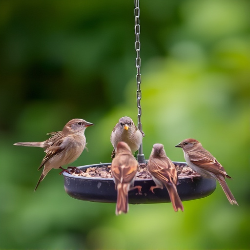 Sparrows gathering around seed tray