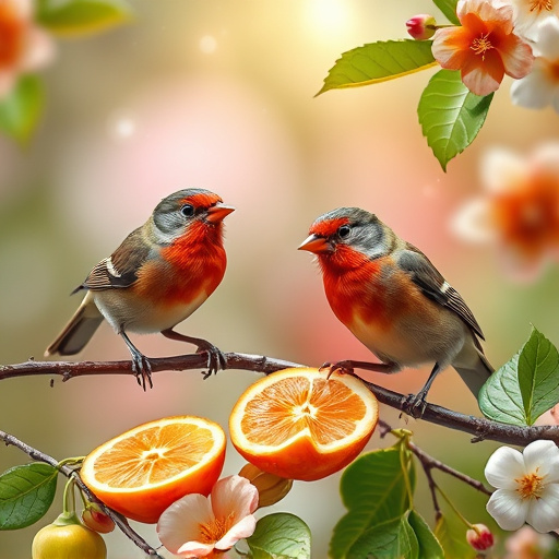 Spring garden birds eating fruit slices