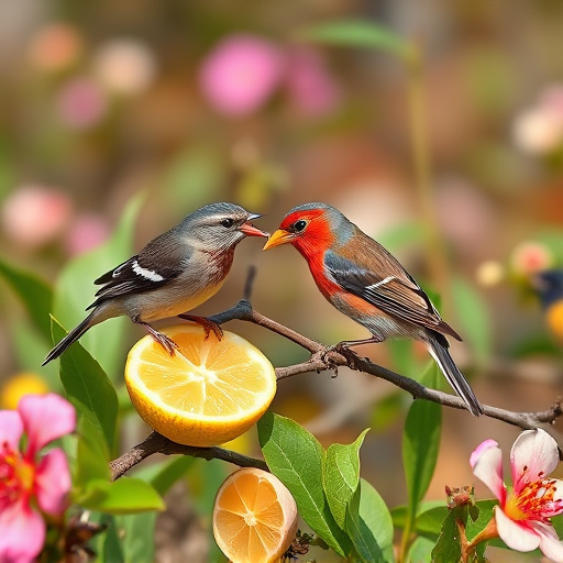 Spring garden birds eating fruit slices