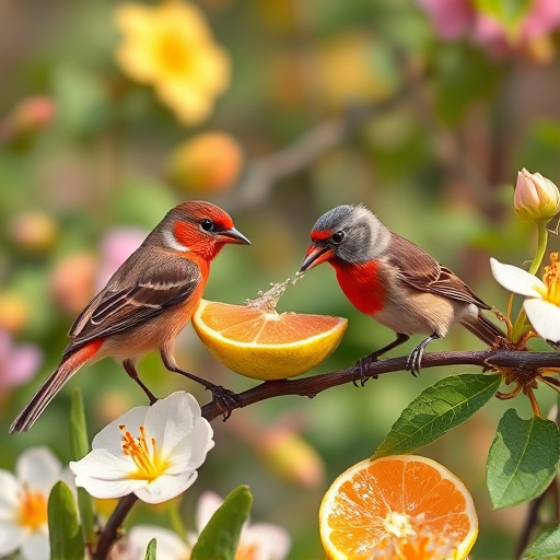 Spring garden birds eating fruit slices