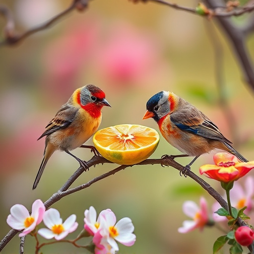 Spring garden birds eating fruit slices