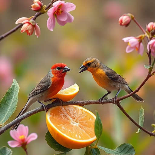 Spring garden birds eating fruit slices