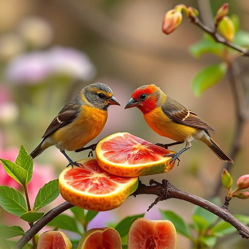 Spring garden birds eating fruit slices