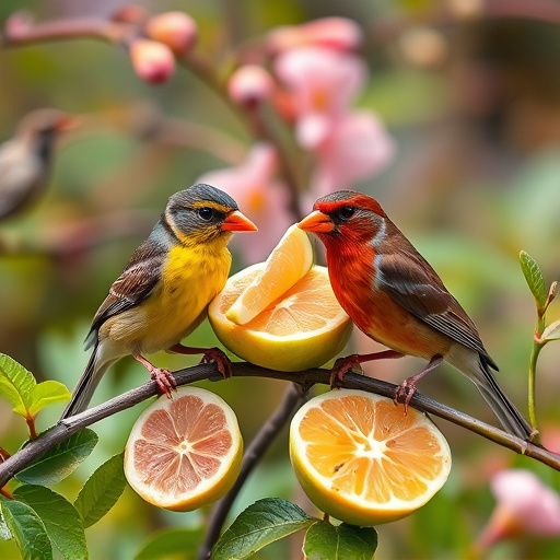 Spring garden birds eating fruit slices