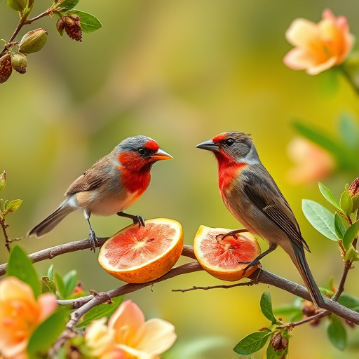 Spring garden birds eating fruit slices