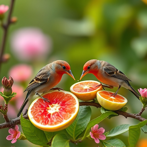 Spring garden birds eating fruit slices