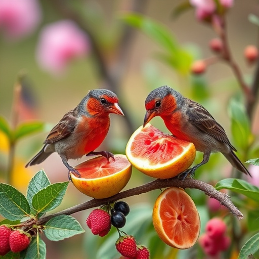 Spring garden birds eating fruit slices