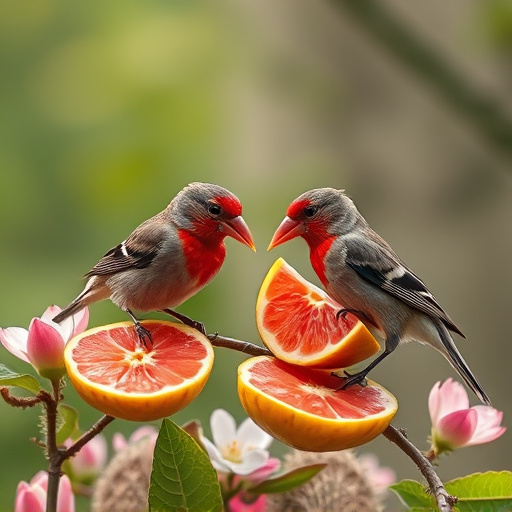 Spring garden birds eating fruit slices