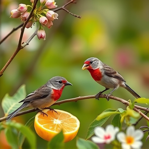Spring garden birds eating fruit slices