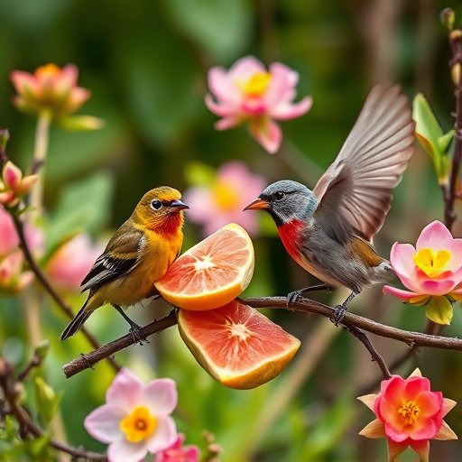 Spring garden birds eating fruit slices