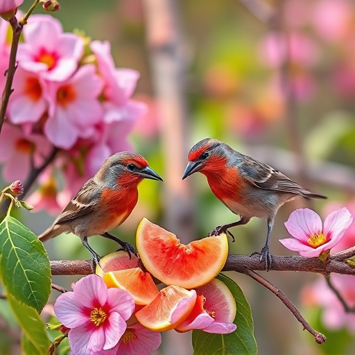 Spring garden birds eating fruit slices