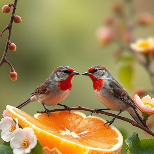 Spring garden birds eating fruit slices
