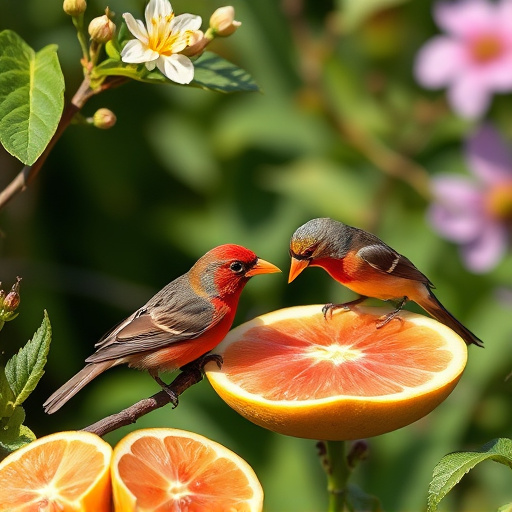 Spring garden birds eating fruit slices