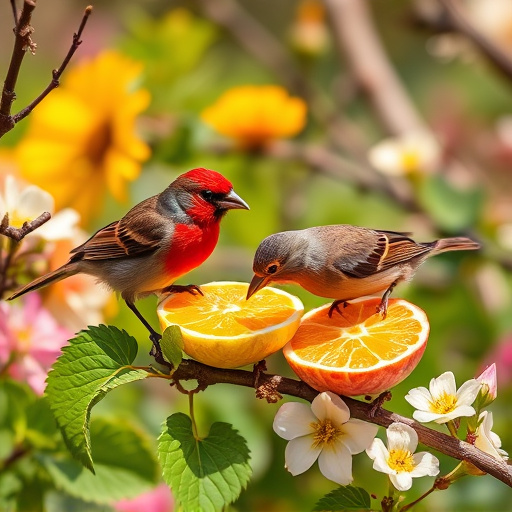 Spring garden birds eating fruit slices