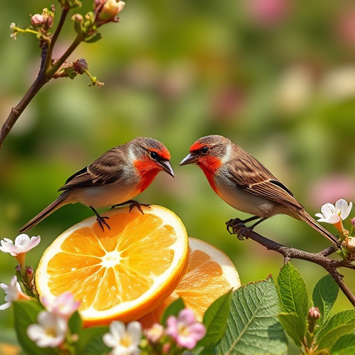 Spring garden birds eating fruit slices