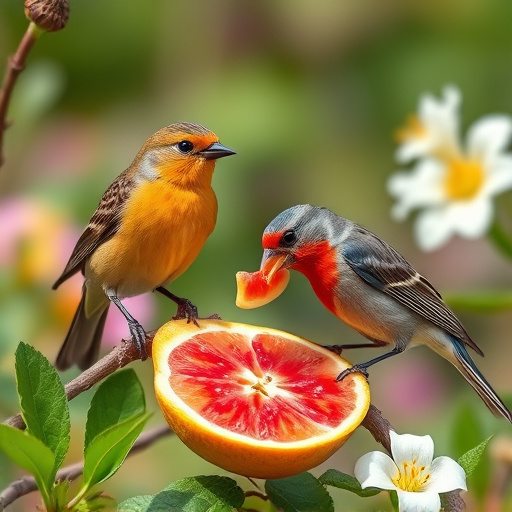 Spring garden birds eating fruit slices