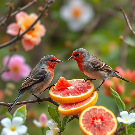 Spring garden birds eating fruit slices