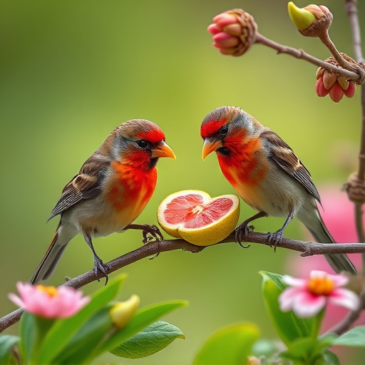 Spring garden birds eating fruit slices
