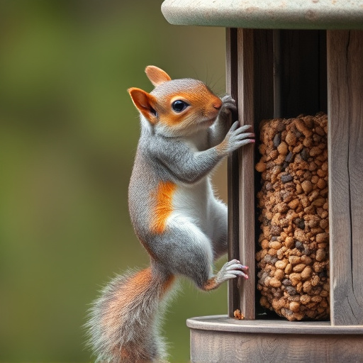Squirrel climbing near protected bird feeder