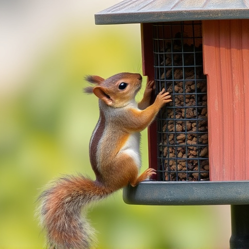Squirrel climbing near protected bird feeder