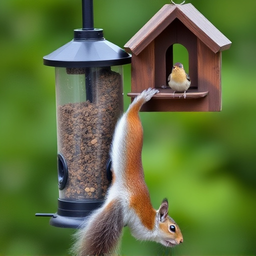 Squirrel climbing near protected bird feeder