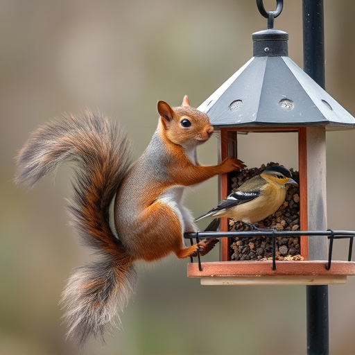 Squirrel climbing near protected bird feeder