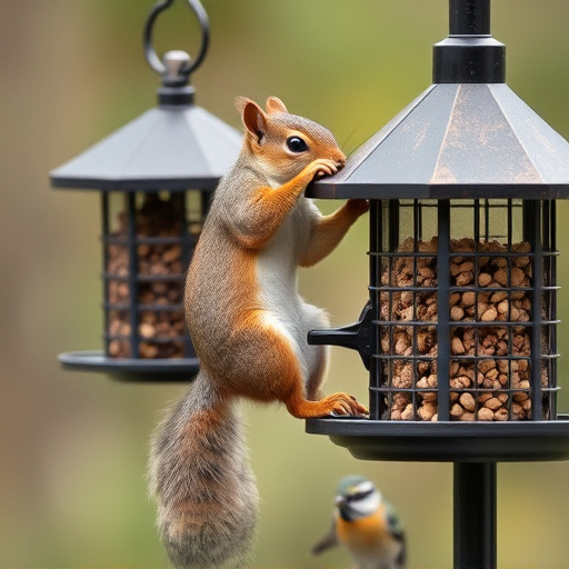 Squirrel climbing near protected bird feeder