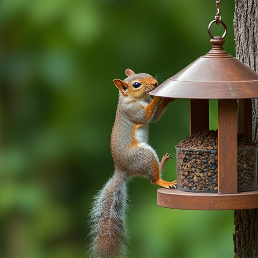 Squirrel climbing near protected bird feeder